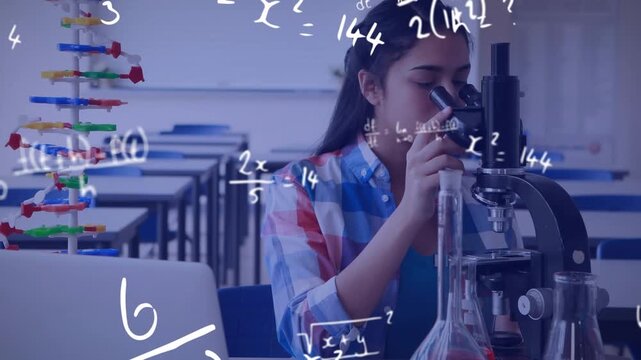 Animation of mathematical sums, woman looking through microscope and using laptop