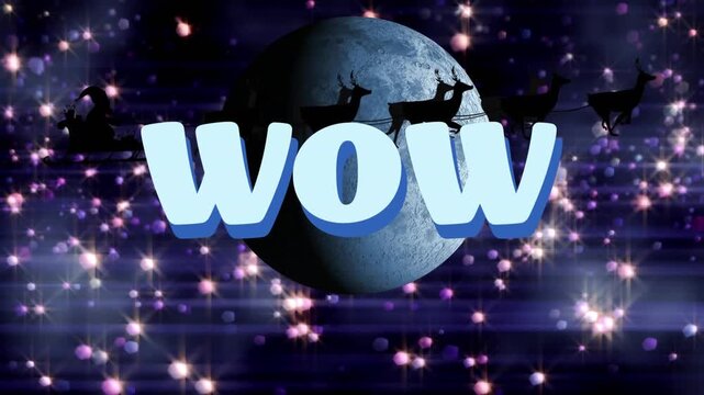 Animation of wow text banner over moon against light sparks floating on blue background