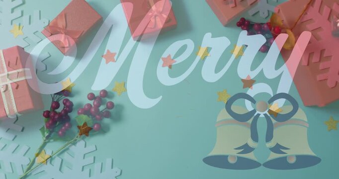 Animation of christmas greetings text over christmas presents and decorations