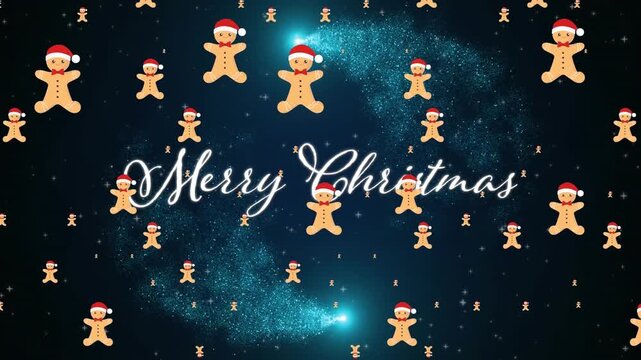 Animation of snow falling and gingerbread men over christmas greetings text