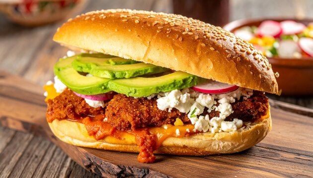 Mexican Cemita Poblana Sesame Seed Sandwich with Avocado and Meat