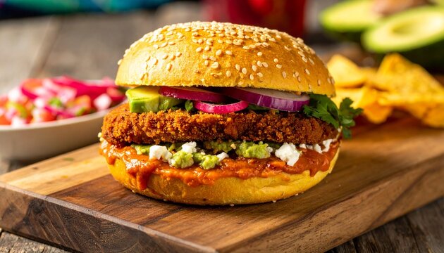 Mexican Cemita Poblana Sesame Seed Sandwich with Avocado and Meat