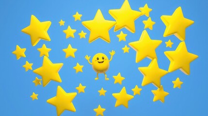 Fototapeta premium Yellow stars surround smiling character. Bright blue background creates cheerful scene. Positive vibes radiate from image.