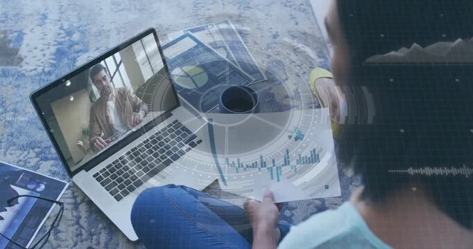 Animation of round scanner and data processing over woman with document having a videocall on laptop