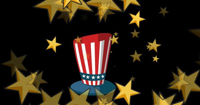 Animation of stars falling over top hat with flag of united states of america pattern