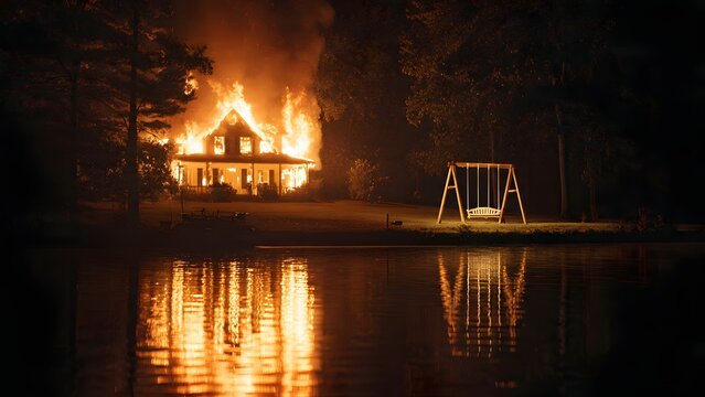 Victorian style house burning ferociously with flames reflecting off metal swing set