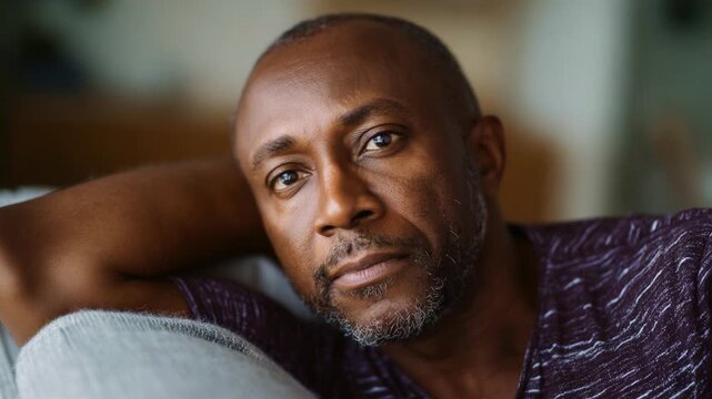 Thoughtful Man Relaxing at Home, Gazing Intently with a Pensive Expression, Showcases a Moment of Reflection and Calmness in a Cozy Environment