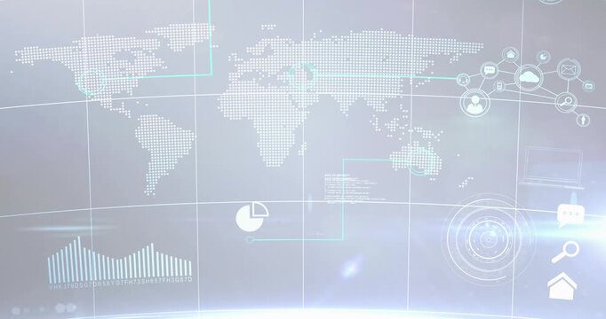 Animation of flowchart of icon, graphs and map over abstract background