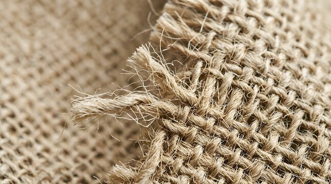 Close-up of a natural fiber fabric's textured weave and frayed edge