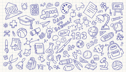 School doodles on notebook sheet. Back to school. School supplies and elements are drawn on a notebook page. Hand-drawn vector illustrations. © kharlamova_lv