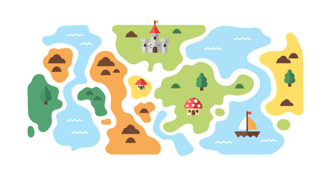 Stylized fantasy world map with castle, trees, islands and sailboat illustration