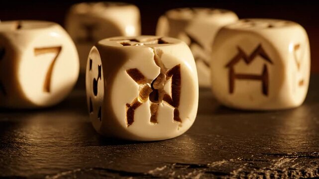 Collection of weathered, old dice with carved symbols and numbers, resting on a dark textured surface, invoking themes of chance, fate, and ancient games