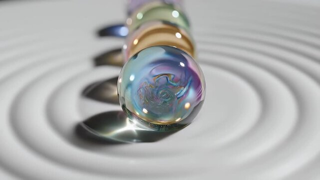 Row of Multicolored Glass Beads Lined Up and Reflected on Rippling Water Surface