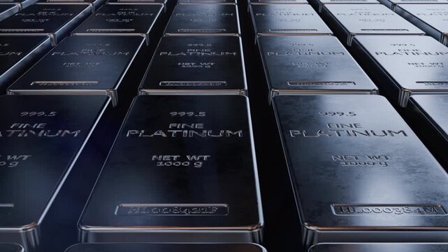 High-detail platinum bars with realistic surface and reflections. Perfect for industry, technology and finance visuals. Seamless loop animation, part of series.