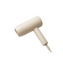 Fototapeta premium Minimalist beige hair dryer isolated on white background, modern matte cream electric blow dryer, sleek handheld hairdryer appliance with nordic design for beauty care and home spa.