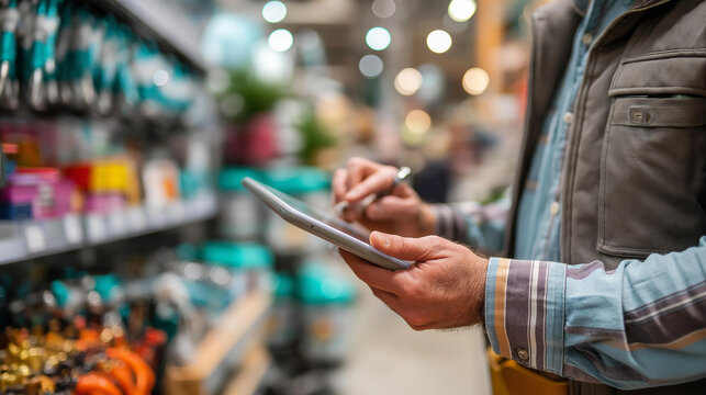 Close up of a hand placing a boxed item on a hardware store shelf while checking a handheld tablet showing a planogram layout for the aisle the shelf showing a neat row of garden