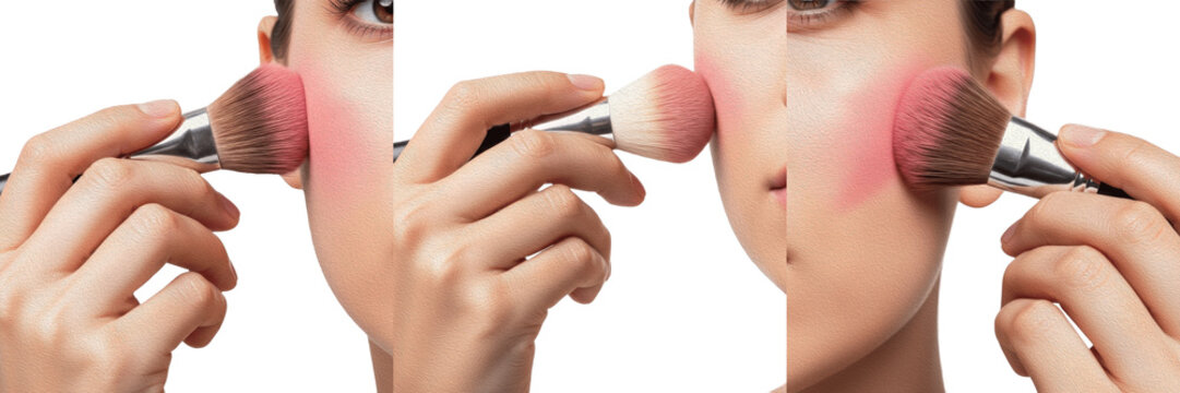 Close-up of a Young Woman Applying Pink Powder Blush with a Professional Makeup Brush - Beauty and Cosmetics Concept (Set of 3 Images)