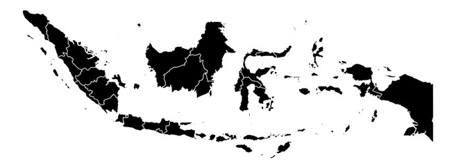 Naklejka premium Indonesia black fill with white borders map vector graphic illustration geography silhouette shape national border design isolated transparent background political territory cartography atlas eps