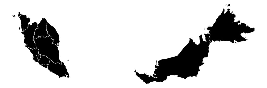 Malaysia black fill with white borders map vector graphic illustration geography silhouette shape national border design isolated transparent background political territory cartography atlas eps