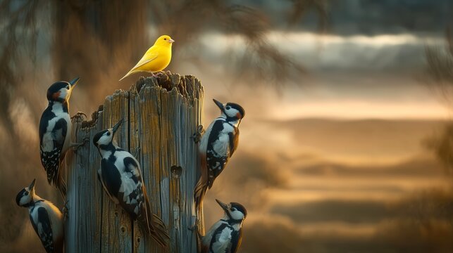 Bright yellow bird stands out among woodpeckers on a wooden post near water at sunrise