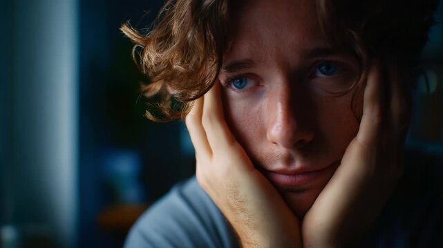 Contemplative Emotion: A Young Man with Curly Hair Shows Pensive Expression While Resting His Head on Hands in a Dimly Lit Room, Capturing Deep Reflection.