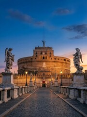 Naklejka premium Rome landmark view of Castel Sant'Angelo and the Bridge of Angels at twilight sunset
