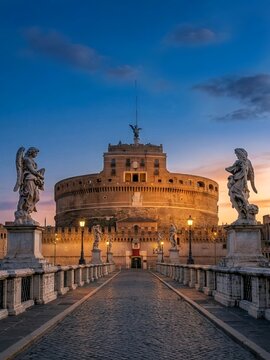 Rome landmark view of Castel Sant'Angelo and the Bridge of Angels at twilight sunset