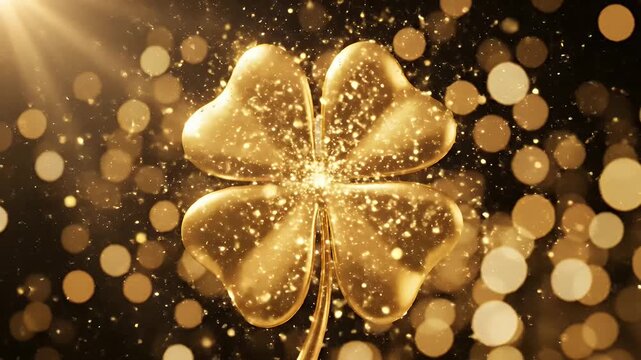 Radiant golden four-leaf clover centerpiece glowing against bokeh lights in celebration