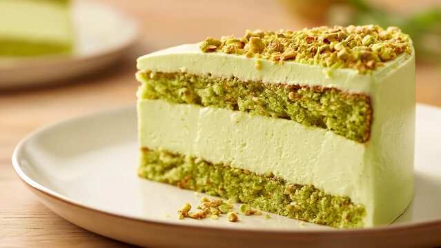 Pistachio Cake Slice on Dessert Plate over Natural Wood Table Close Up