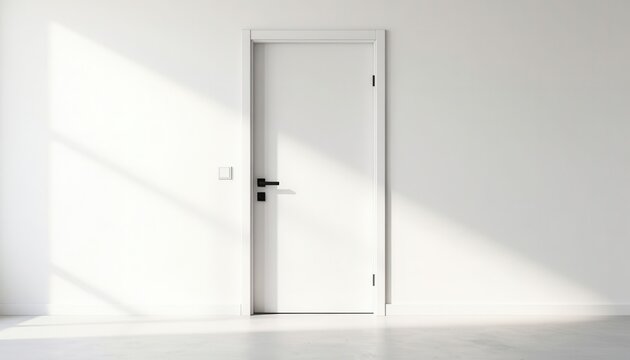 Modern minimalist white interior door with black handle and hinges in bright natural light