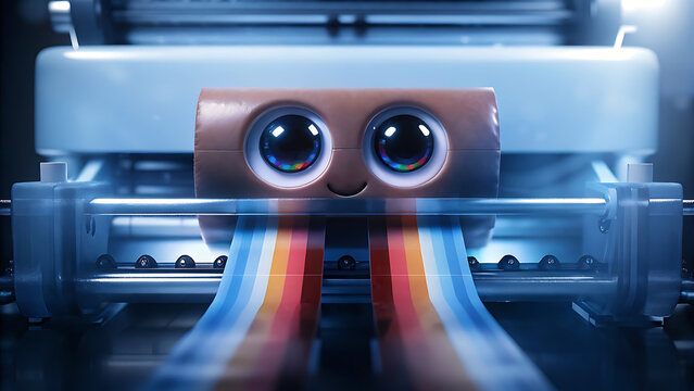 Cute Robot Face with Colorful Rainbow Stripes and Big Eyes on Metallic Panel
