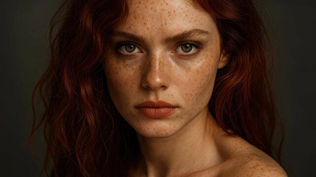 Captivating Portrait: A stunning redhead with striking freckles and intense eyes gazes directly at the viewer, exuding confidence and natural beauty.