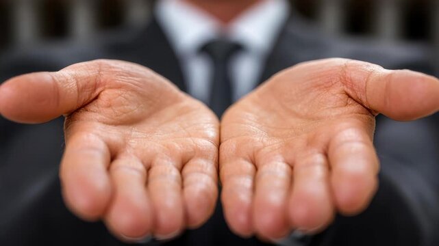 Open Hands: A close-up shot of a person's open hands, palms facing upward, offering a gesture of invitation, help, or giving. The focus is on the textures and details.