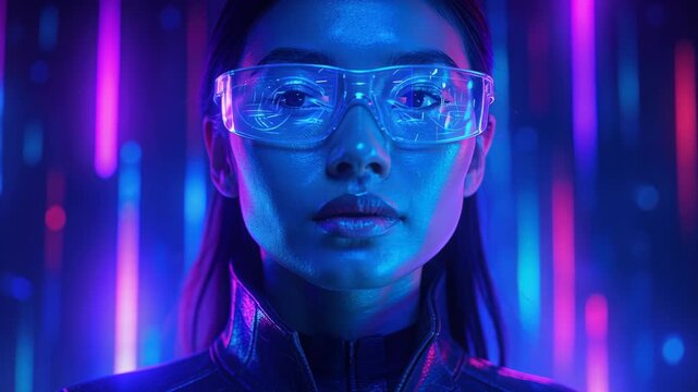 Visionary in Neon: A captivating portrait of a woman immersed in a futuristic environment, her gaze fixed with determination, framed by the vivid glow of neon lights and advanced eyewear.