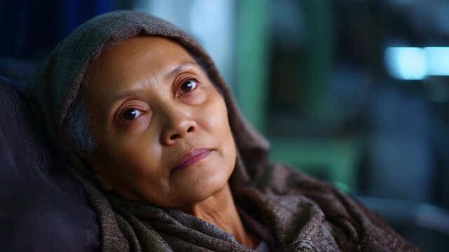 A serene portrayal of a thoughtful elderly woman in a cozy setting, showcasing tranquility and introspection in a peaceful moment of reflection and nostalgia.