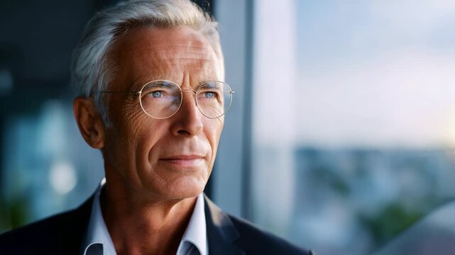 Contemplative elderly man gazing out the window, reflecting on life experiences and wisdom, embodying grace and dignity in a serene environment.