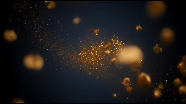 Golden particles shimmering and exploding in a dark cosmic void, creating an abstract and luxurious glitter effect, perfect for elegant backgrounds or festive designs