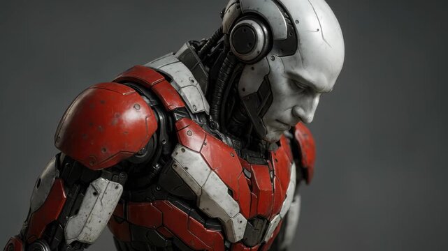 Futuristic Cyborg Portrait: A detailed depiction of a cyborg in advanced armor, exhibiting a contemplative expression, and reflecting on the future of humanity.