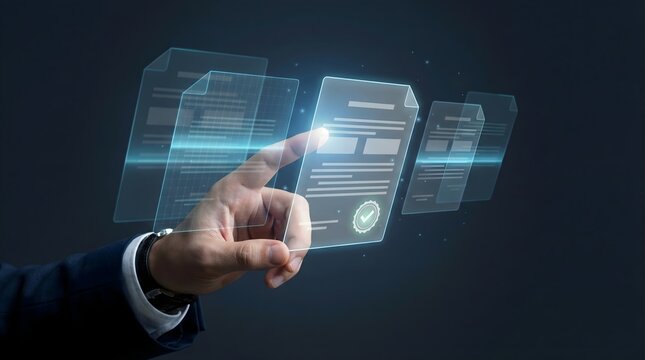 Holographic Banking Document Verification Interface with Secure Financial UI and Floating Hologram Panels Concept.