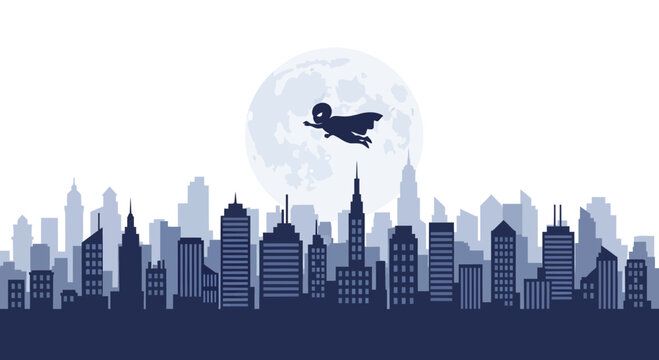 Superhero flying over city, vector illustration, flat design, urban concept, power and freedom.