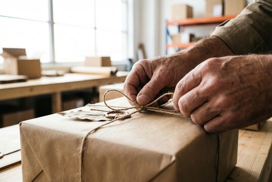 Hands tying twine around a brown kraft paper package sealed with wax in a workshop