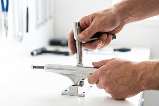 Hands using a skate tool to tighten the kingpin nut on a silver skateboard truck