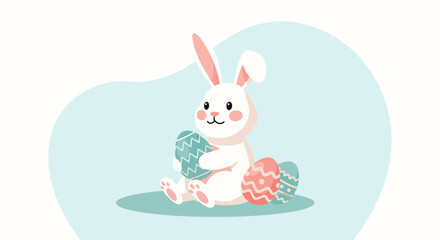 Obraz premium A cute cartoon rabbit sitting with colored eggs on the ground indoors