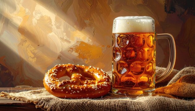 Golden Beer Stein and Pretzel on Rustic Table