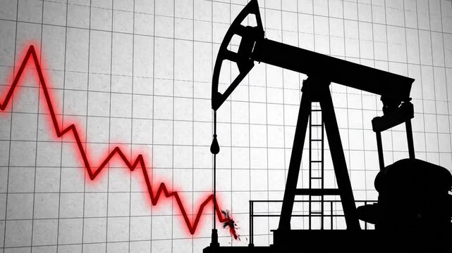 Dramatic footage illustrating the collapse of the petrodollar system, featuring an oil pump silhouette and a plunging red line graph signaling a major global economic crisis and market failure.