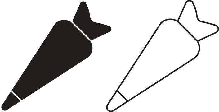 Minimalist pastry bag vector icons, black silhouette and outline piping bag set, professional bakery equipment graphics for cake decorating