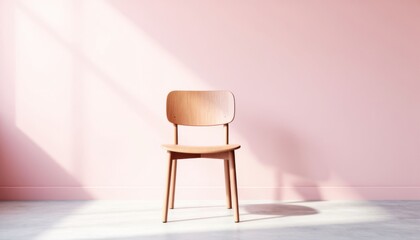 Fototapeta premium Minimalist wooden chair in soft pink gradient studio background with natural light
