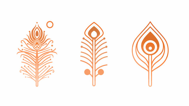Three stylized orange peacock feather designs, minimalist and ornate, on white background