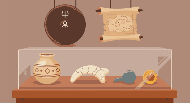 Ancient artifacts displayed on a wooden table in a museum exhibit case with a scroll and shield.