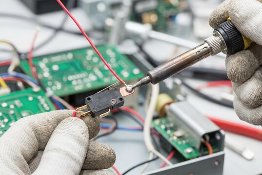 Gloved hands using a soldering iron to attach a red wire to a black microswitch component